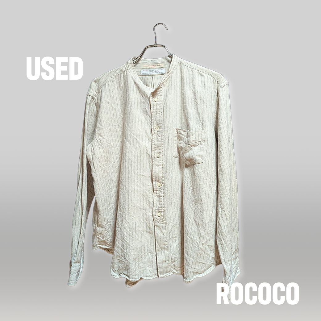 ROCOCO バンドカラーシャツ（ナチュラルストライプ / XL / 日本製 / USED）