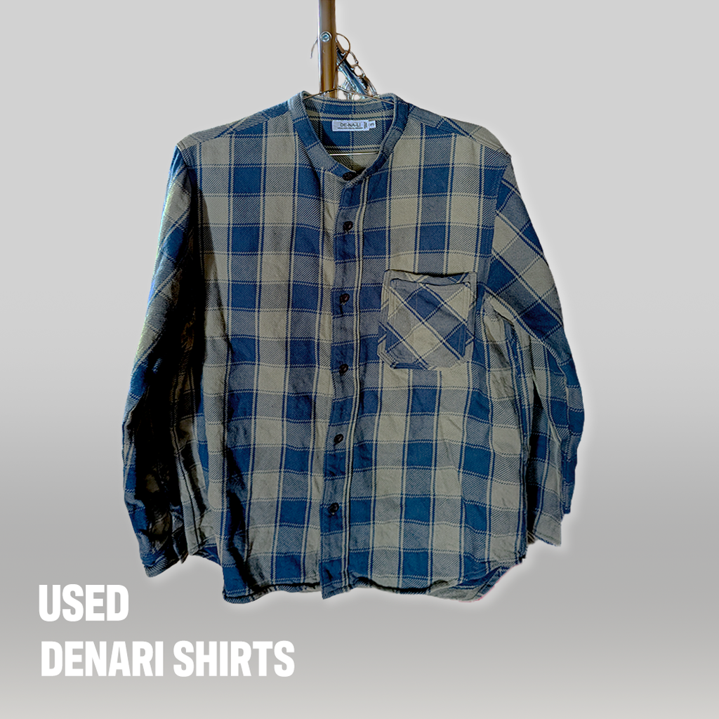 DE-NA-LI バンドカラー ネルチェックシャツ（ベージュ×ブルー）