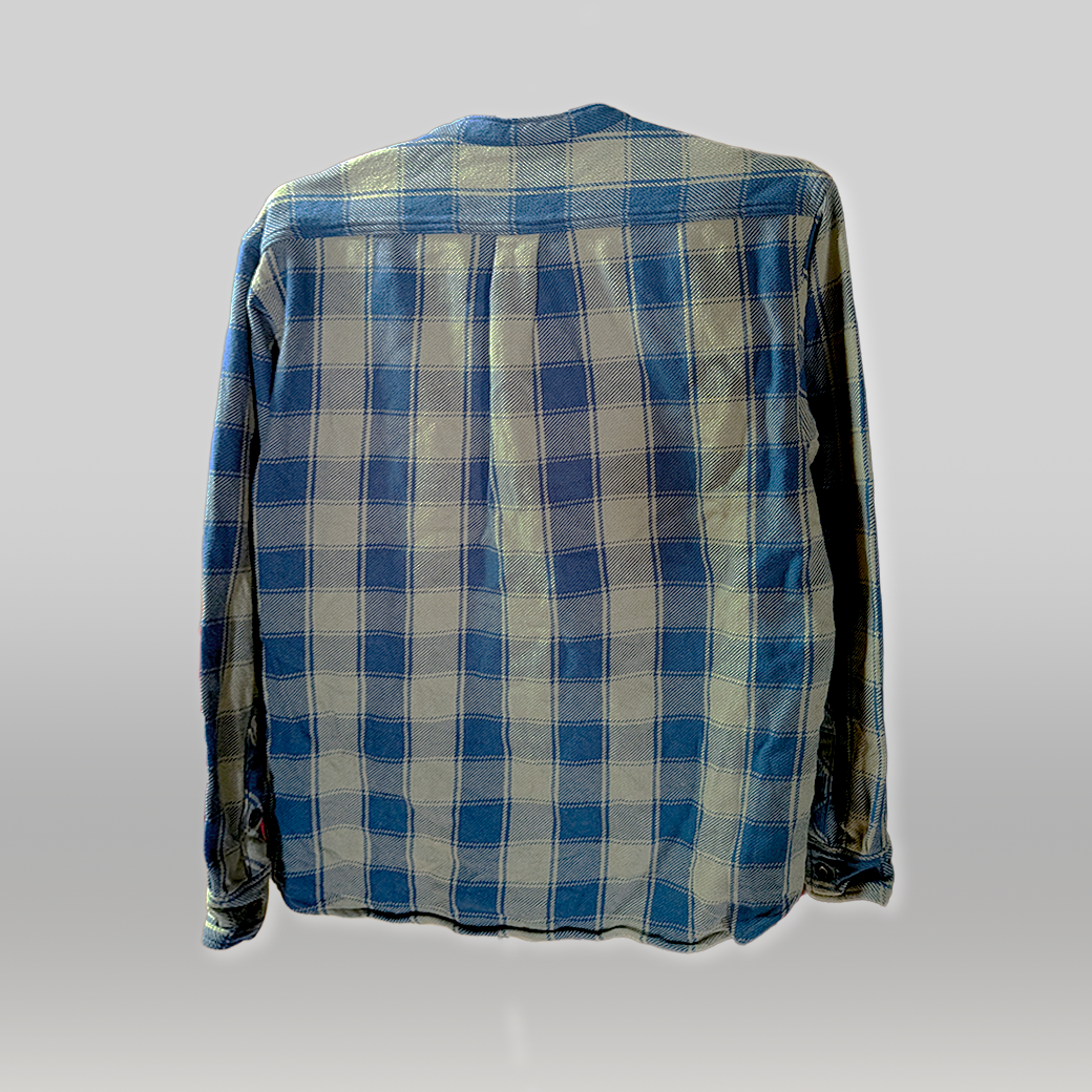 DE-NA-LI バンドカラー ネルチェックシャツ（ベージュ×ブルー）